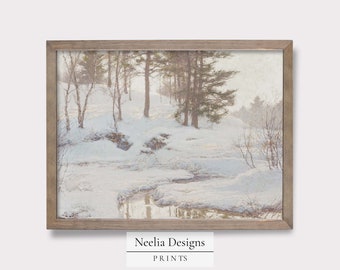 Winter Snow Clearing with Creek and Evergreens | Vintage Painting | Digital Print Wall Decor | PRINTABLE | 150