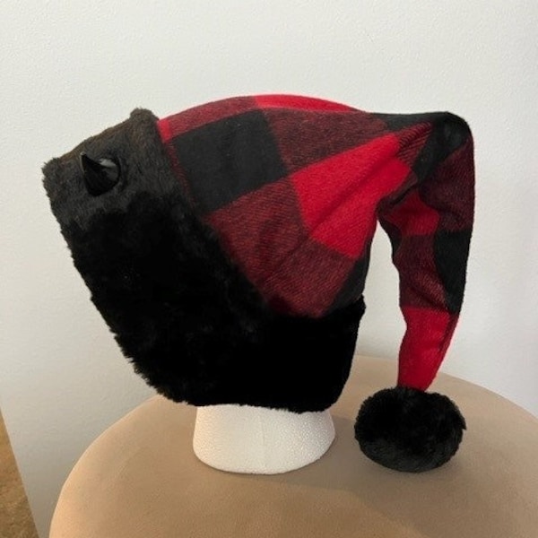 Black Devil Horn Santa Hat/ Buffalo Plaid Santa Hat