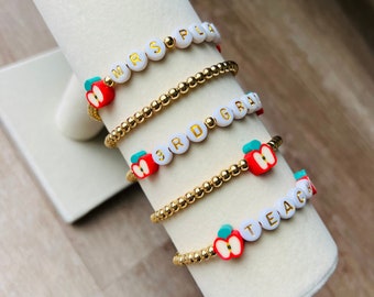 Teacher Appreciation Bracelets | Gift | Stacking Bracelet | Apple | Personalized Bracelet | Custom | Stretchy Bracelet | 18k Gold Filled