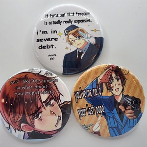 Set of Three (3) APH Hetalia America Romano Lovino North Italy Feliciano Alfred Anime Trio Buttons Three Hetalia 2.25 Inches