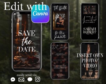 Puede incluir: Un conjunto de cinco plantillas de pantalla de teléfono para un anuncio de boda. Las plantillas presentan un fondo oscuro con texto e imágenes blancas. El texto incluye "Save the Date", "To the Date", "To the Party", "Details", y "You are invited to the wedding of Sarah & Robert".