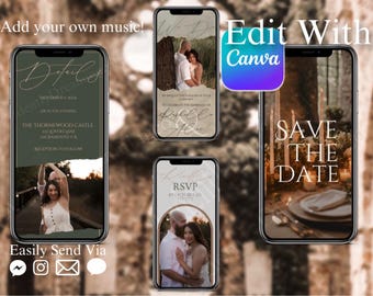 Puede incluir: Cuatro pantallas de teléfono móvil que muestran plantillas de invitación de boda. Las plantillas presentan un tema rústico con colores neutros y detalles dorados. El texto en las pantallas incluye "Detalles", "RSVP", "Guardar la fecha" y "Editar con Canva".