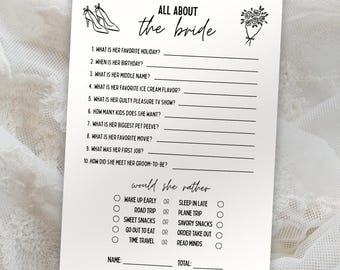 Bride Trivia Game, All About Bride Quiz, Bridal Shower Printable Game (Digital Download)