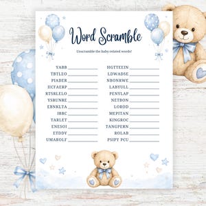 Pojke babyshower ordspel, utskrivbar babyshoweraktivitet, direktnedladdning PDF, 8,5x11