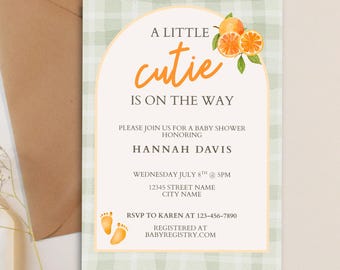 Little Cutie Baby Shower Invitation Template, Orange Baby Shower Invite, Citrus Baby Shower, Canva Editable 5x7 Printable