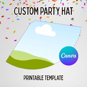 Könnte beinhalten: Eine druckbare Partyhutvorlage mit blauem Himmel und grüner Landschaft. Der Text "CUSTOM PARTY HAT" steht oben und "PRINTABLE TEMPLATE" unten. Ein blau-violetter Kreis mit dem Wort "Canva" befindet sich rechts.