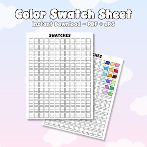 May include: A printable colour swatch sheet with the text "Color Swatch Sheet" and "Instant Download - PDF + JPG". The sheet has a grid of 100 blank squares for colour swatches.