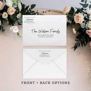 May include: Two white envelopes with black text. The top envelope reads "The Wilson Family" and address. The bottom envelope has the return address. The text "FRONT + BACK OPTIONS" is at the bottom. Floral arrangement in the background.