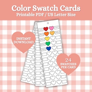 May include: Color swatch cards with the text "Color Swatch Cards Printable PDF / US Letter Size". The cards have color swatches in red, orange, yellow, green, and blue. The image also includes the text "Instant Download" and "24 Swatches Per Card".
