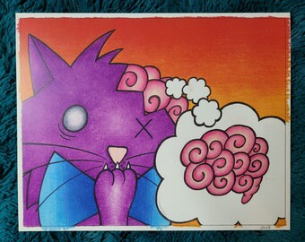 May include: A purple cat with a blue bow tie and a pink brain in a thought bubble. The cat has a white eye and an X over its other eye. The background is a gradient of orange and red.