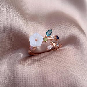 rose gold flower ring multistone dainty floral ring for her gift wrapped ring adjustableopen band flower daisy ring stackable ethereal ring