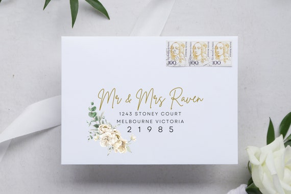 Gold Wedding Envelope Template Design Front and Back Design includes file for Avory Round Labels