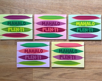 Tarjetas de agradecimiento plegadas de Hawái, juego de 5, interior en blanco. Mahalo Plen-ti.