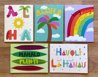 Tarjetas de notas plegadas de Hawái, juego variado de 5, interior en blanco.