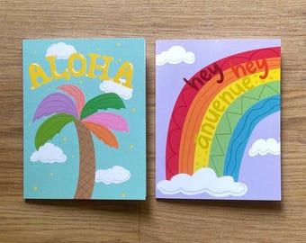 Aloha, Hola. Tarjetas plegables de Hawái, juego de 2, interior en blanco.