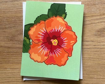 Tarjeta plegable de hibisco hawaiano, interior en blanco. Híbrido rojo y naranja.