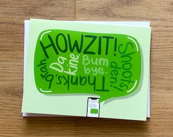 Burbuja de mensaje de texto verde pidgin. Tarjeta plegable de Hawái, interior en blanco.