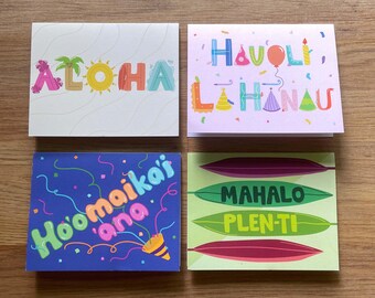 Tarjetas plegables de Hawái, juego variado de 4, interior en blanco.