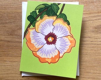 Tarjeta plegable de hibisco hawaiano, interior en blanco. Híbrido naranja y morado.