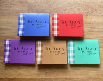 Tarjetas plegables Palaka Hawaii Faith, juego de 5, interior en blanco. Ke Akua es bueno.