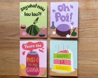 Tarjetas plegables con temática de comida hawaiana, juego de 4, interior en blanco.
