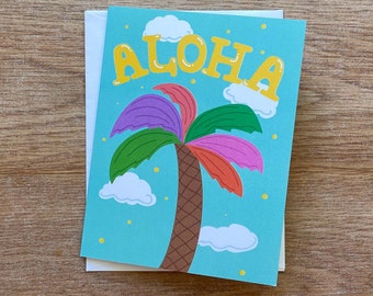 Palmera Aloha. Tarjeta de notas plegada hawaiana, interior en blanco.