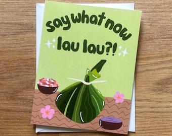 Tarjeta plegable con temática de comida hawaiana, interior en blanco. ¡¿Qué dices, Lau Lau?!
