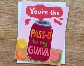 Tarjeta plegable con temática de comida hawaiana, interior en blanco. Eres la clave para mi guayaba.