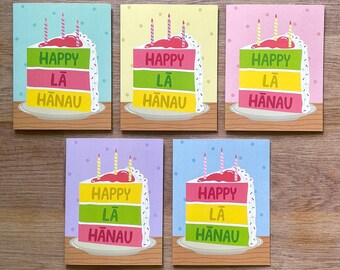 Tarjetas de notas plegadas de feliz cumpleaños hawaiano, juego de 5, interior en blanco. Feliz La Hanau.