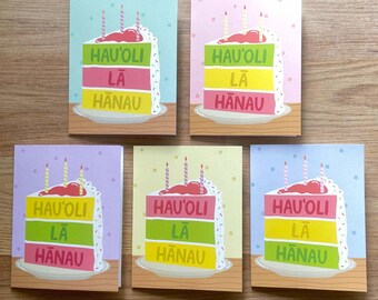 Tarjetas de notas plegadas de Feliz Cumpleaños Hawaiano, juego de 5, interior en blanco. Pastel Hau'oli La Hanau.