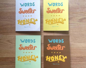 Versículo bíblico cristiano, tarjetas plegables, juego de 4, interior en blanco. Palabras más dulces que la miel.