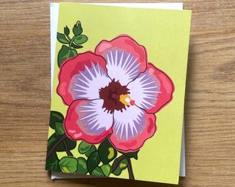 Tarjeta plegable de hibisco hawaiano, interior en blanco. Híbrido magenta.