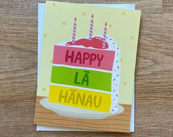 Hawaii Happy Birthday Folded Note Card, Blank Inside. Happy La Hanau, Yellow.