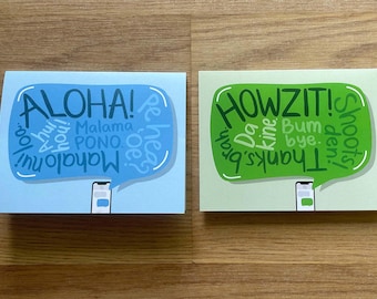 Burbuja de mensaje de texto en hawaiano, pidgin. Tarjetas de notas plegadas hawaianas, juego de 2, interior en blanco.