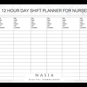 Nursing Day & Night 12 Hourly Shift Planner
