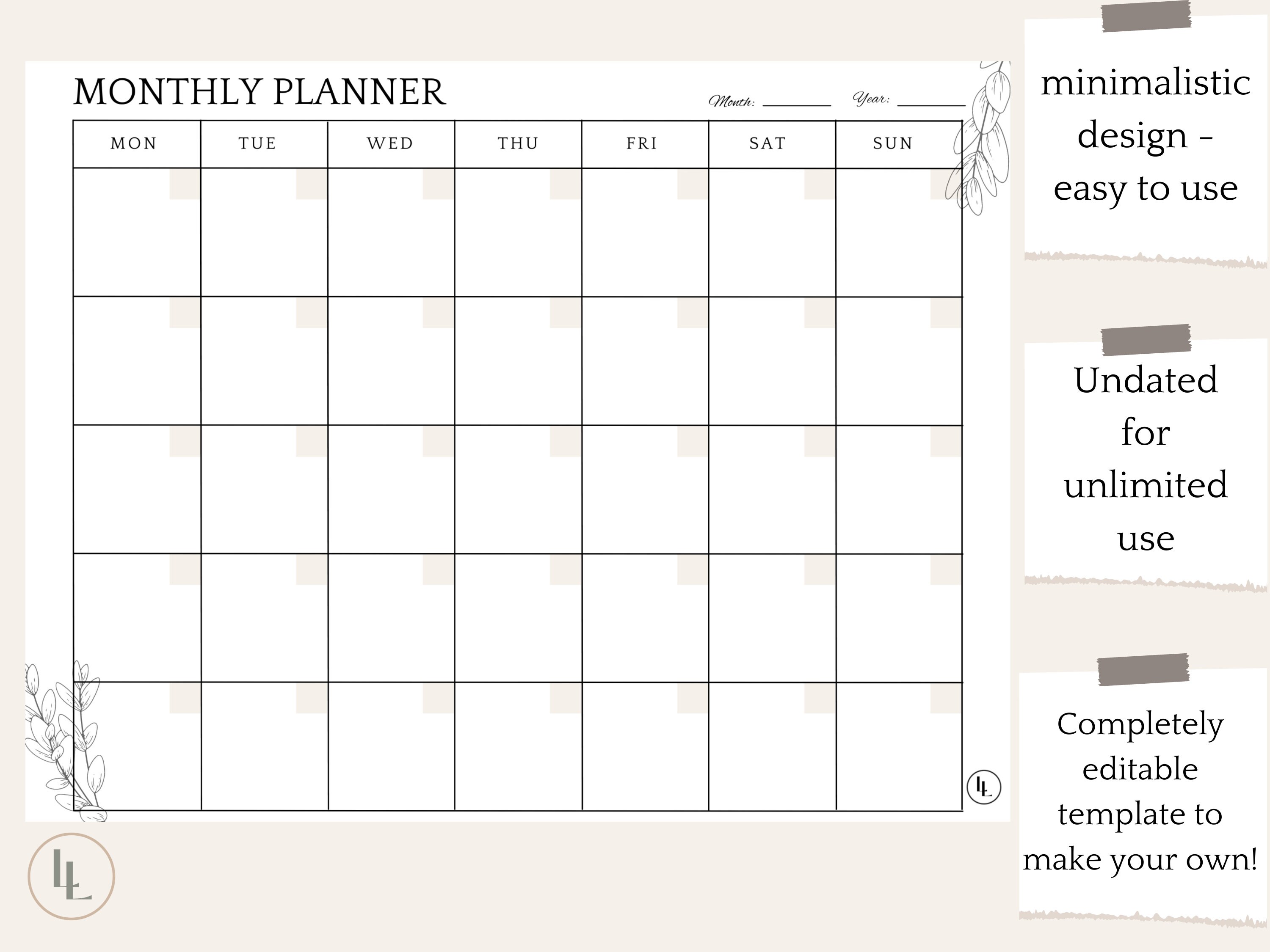 Monthly Calendar Planner Editable Template Blank Monthly - Etsy