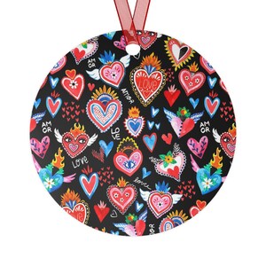 Sacred Hearts Metal Ornaments Mexican Folk Art, Christmas Tree Trimmings, Day of the Dead, Home Decor, Holiday Decor Black or Pink or Combo