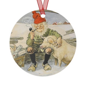 Scandinavian Metal Ornaments Jenny Nystrom Christmas Trimming (1854-1946)  art. Jultomte (Swedish Santa Claus) Holiday Decoration with Pig