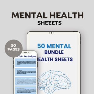 Pacchetto di 50 schede di lavoro per la salute mentale / Quaderno di esercizi di terapia stampabile / Attività di terapia cognitivo-comportamentale (CBT) / Diario di auto-riflessione