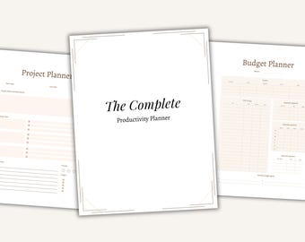 May include: Three white planner pages with brown text and accents. The center page is titled The Complete Productivity Planner. The left page is a Project Planner with task lists and notes. The right page is a Budget Planner with expense tables.