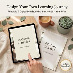 May include: A digital tablet and a printed document both displaying the text Personal Curriculum and This planner belongs to. The tablet screen shows a beige background with dark text. A small succulent in a pot and a mug are nearby.