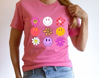 Smiley face and Flower - Unisex Heavy Cotton Tee - Colorful Tshirt