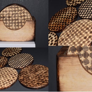 Hand Burned Wooden Coasters: 6 Sealed w/holder