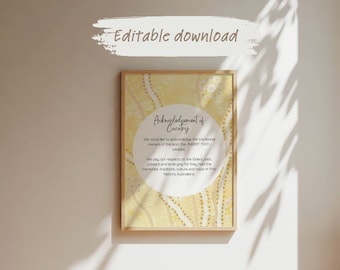 May include: A printable poster with a yellow background and a white circle in the center. The circle contains text that reads "Acknowledgement of Country" and a message about acknowledging the traditional owners of the land. The poster is framed in a light wood frame.