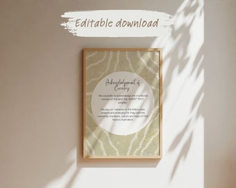 May include: A printable poster with a green and white abstract pattern. The poster includes text that reads "Acknowledgement of Country" and a message about acknowledging the traditional owners of the land.