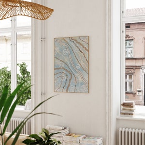May include: Abstract art print with a blue, brown, and white color scheme. The print features a wavy pattern with dots and lines.