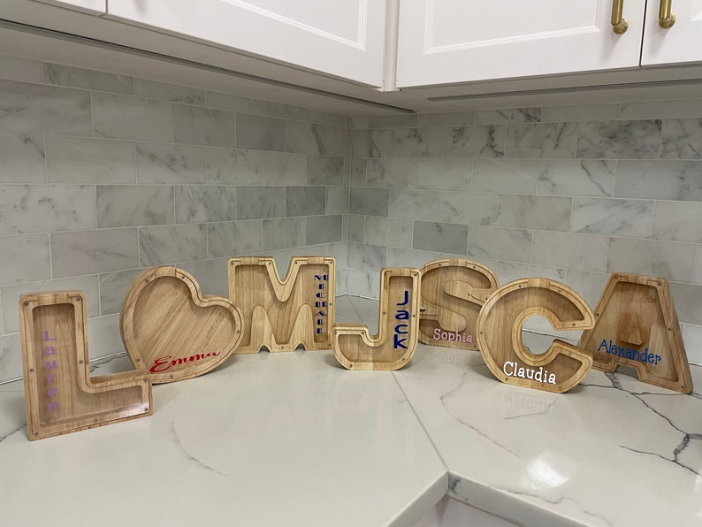 Piggy Banks Personalized Wooden Coin Banks, Initial Letter Money Box