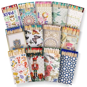 Cerillas decorativas de 4 pulgadas con puntas de colores, 50 cerillas en cada hermosa caja (elija dos diseños)