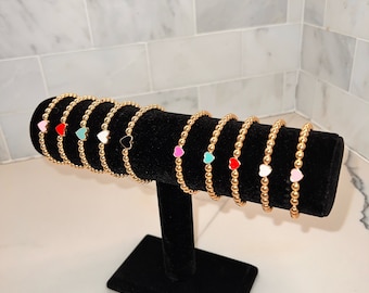 Bracelet en perles de 5 mm remplies d'or 14 carats avec coeur en émail - Bracelet boule en or - Bracelet extensible - Cadeau pour fille - Cadeaux pour elle
