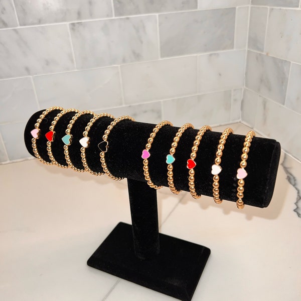 14kt Gold Filled Beaded 5 mm Bracelet with Enamel Heart - Gold Ball Bracelet - Stretch Bracelet - Gift for Girl - Gifts for Her